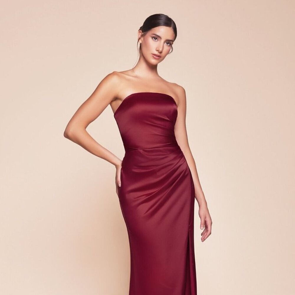 New Formal Strapless Sheath Satin Dress W/ Straight Across Neck & Sash 7451